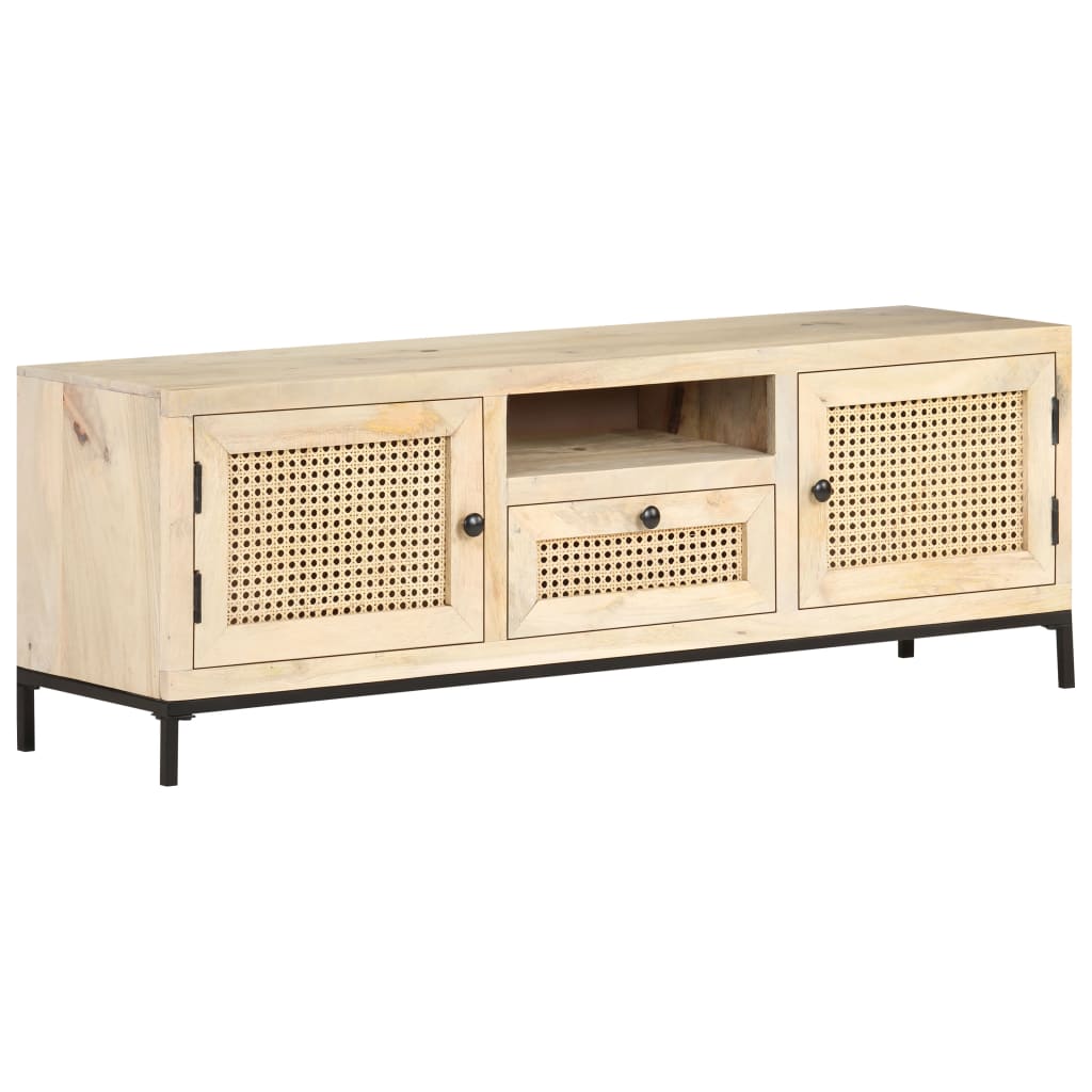 Tv Stolek 120 X 30 X 40 Cm Masivní Mangovník A Přírodní Rákos Bílo-Modrá