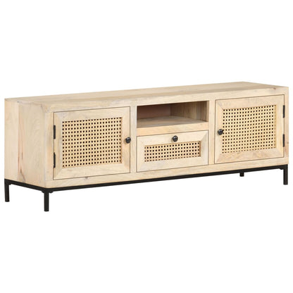 Tv Stolek 120 X 30 X 40 Cm Masivní Mangovník A Přírodní Rákos Bílo-Modrá