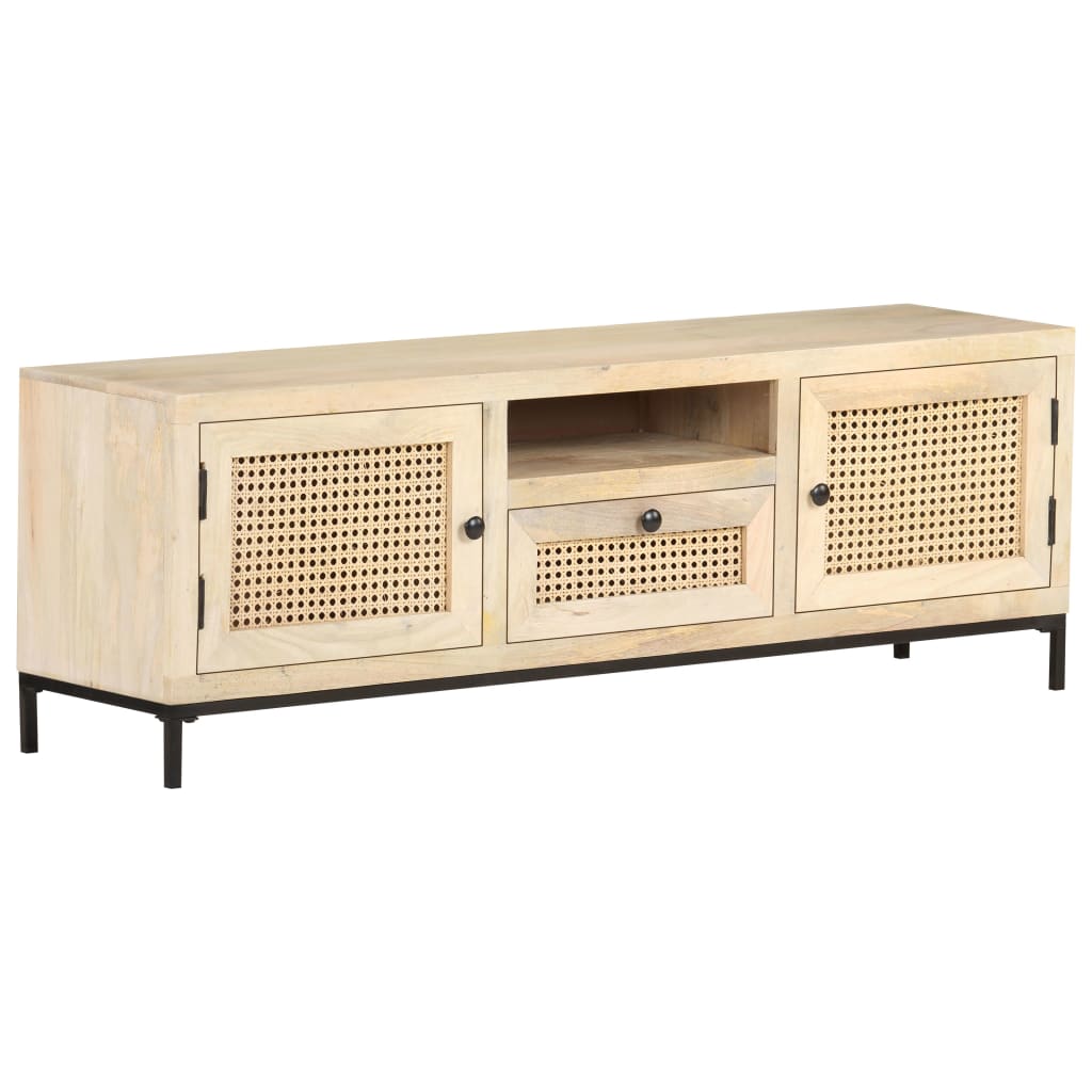 Tv Stolek 120 X 30 X 40 Cm Masivní Mangovník A Přírodní Rákos Bílo-Modrá