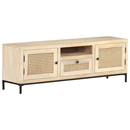 Tv Stolek 120 X 30 X 40 Cm Masivní Mangovník A Přírodní Rákos Bílo-Modrá