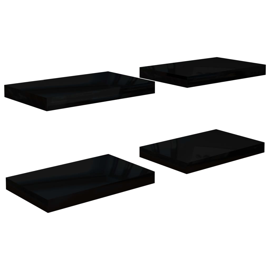 Plovoucí Nástěnné Police 4 Ks Lesklé Černé 40 X 23 X 3,8 Cm Mdf Černá S Vysokým Leskem