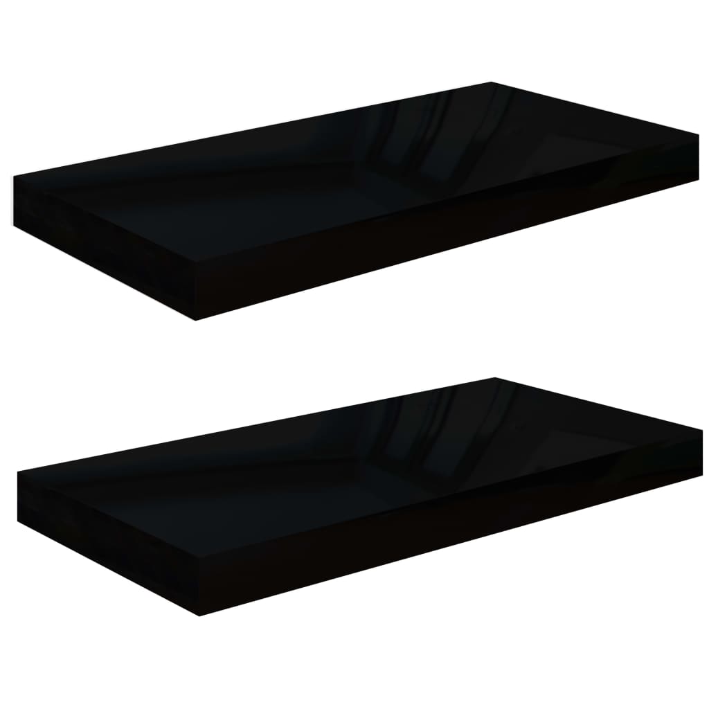 Plovoucí Nástěnné Police 2 Ks Lesklé Černé 50 X 23 X 3,8 Cm Mdf Černá S Vysokým Leskem