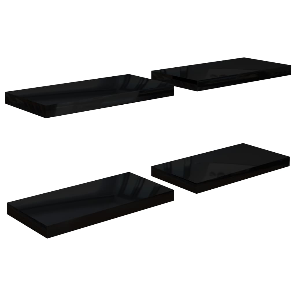 Plovoucí Nástěnné Police 4 Ks Lesklé Černé 50 X 23 X 3,8 Cm Mdf Černá S Vysokým Leskem