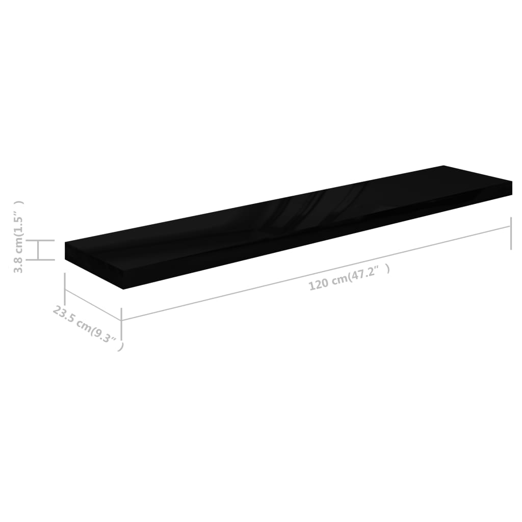 Plovoucí Nástěnné Police 2 Ks Lesklé Černé 120X23,5X3,8 Cm Mdf Černá S Vysokým Leskem