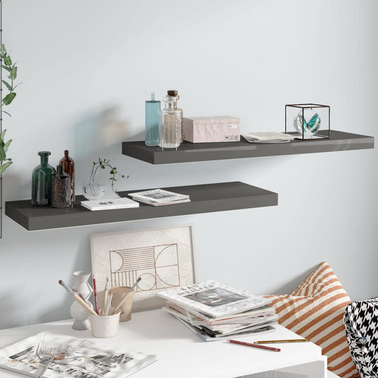 Plovoucí Nástěnné Police 2 Ks Lesklé Šedé 80X23,5X3,8 Cm Mdf Šedá S Vysokým Leskem