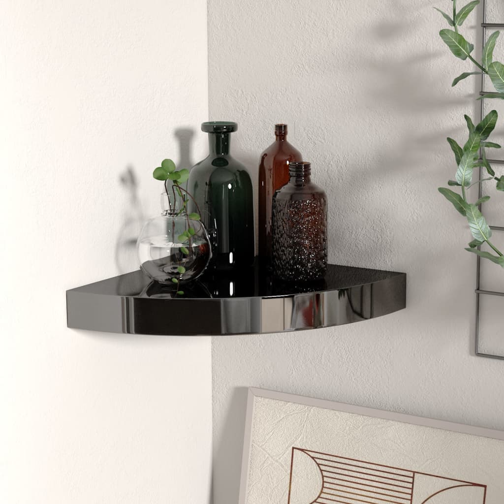 Plovoucí Rohová Police Černá Vysoký Lesk 25 X 25 X 3,8 Cm Mdf Černá S Vysokým Leskem