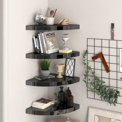 Plovoucí Rohové Police 4 Ks Černé Vysoký Lesk 25X25X3,8 Cm Mdf Černá S Vysokým Leskem