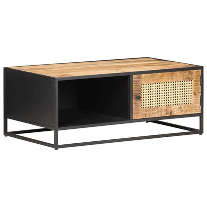 Konferenční Stolek 90X50X35 Cm Hrubý Mangovník Přírodní Rákos Černá S Vysokým Leskem