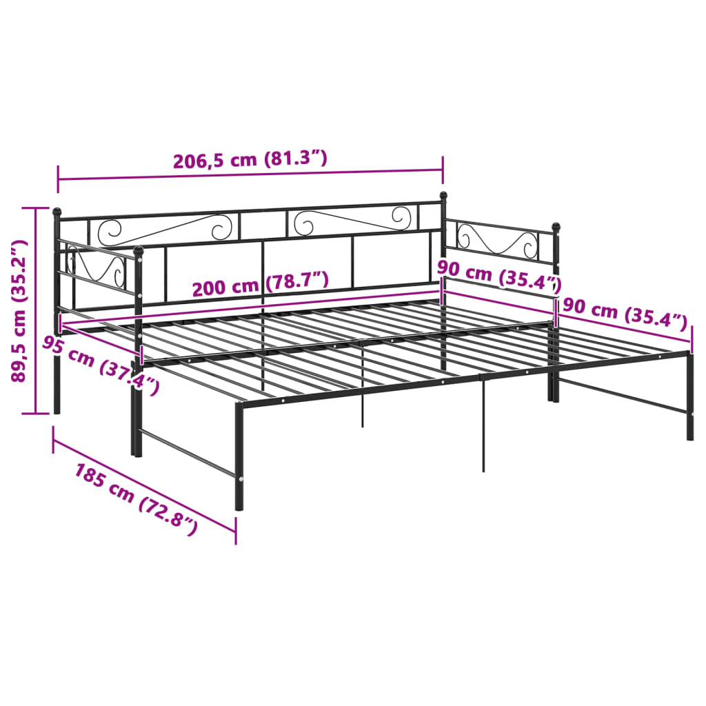 Rám Vysouvací Postele/Pohovky Černý Kovový 90 X 200 Cm