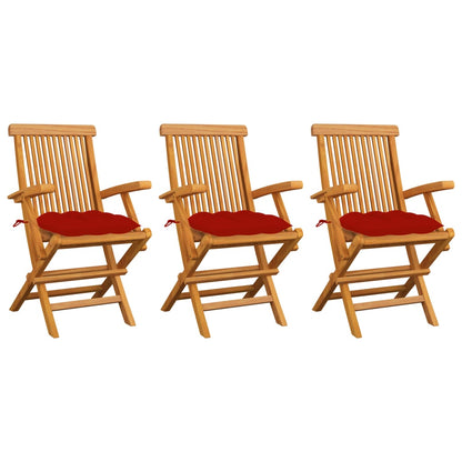 Zahradní Židle S Červenými Poduškami 3 Ks Masivní Teak