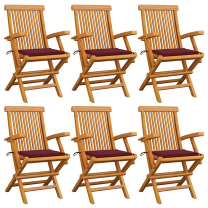 Zahradní Židle S Červeně Károvanými Poduškami 6 Ks Masivní Teak