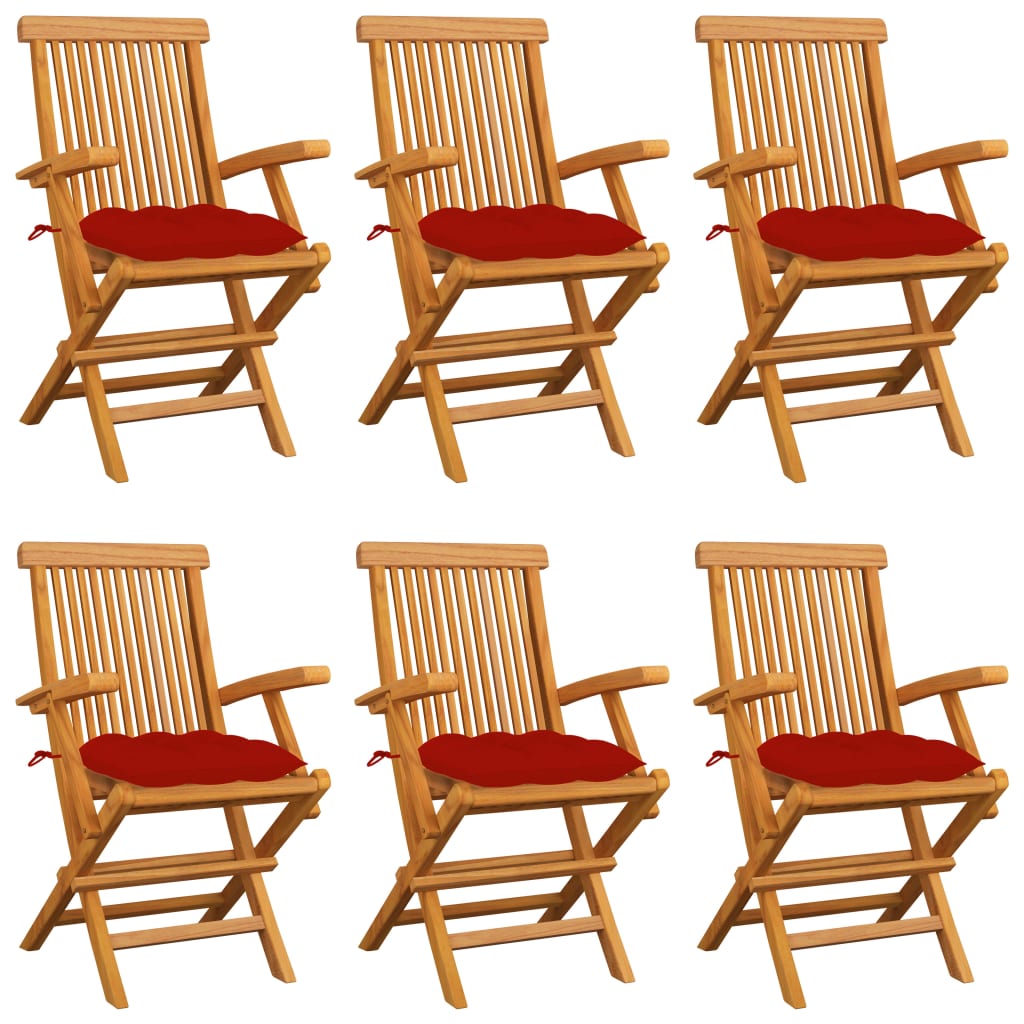 Zahradní Židle S Červenými Poduškami 6 Ks Masivní Teak