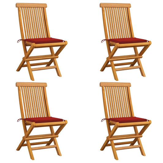 Zahradní Židle S Červenými Poduškami 4 Ks Masivní Teak