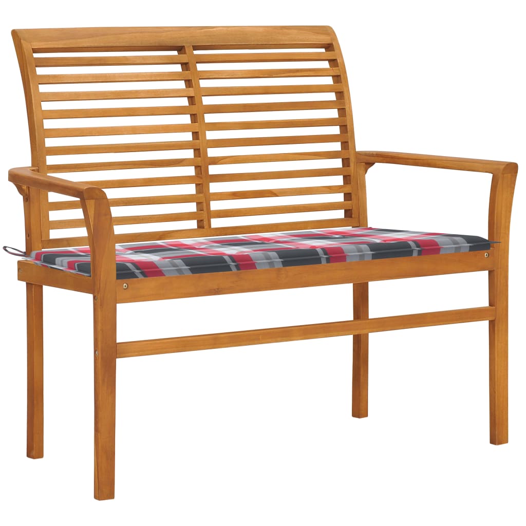 Zahradní Lavice + Červená Károvaná Poduška 112 Cm Masivní Teak