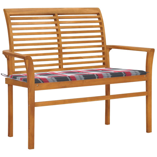 Zahradní Lavice + Červená Károvaná Poduška 112 Cm Masivní Teak