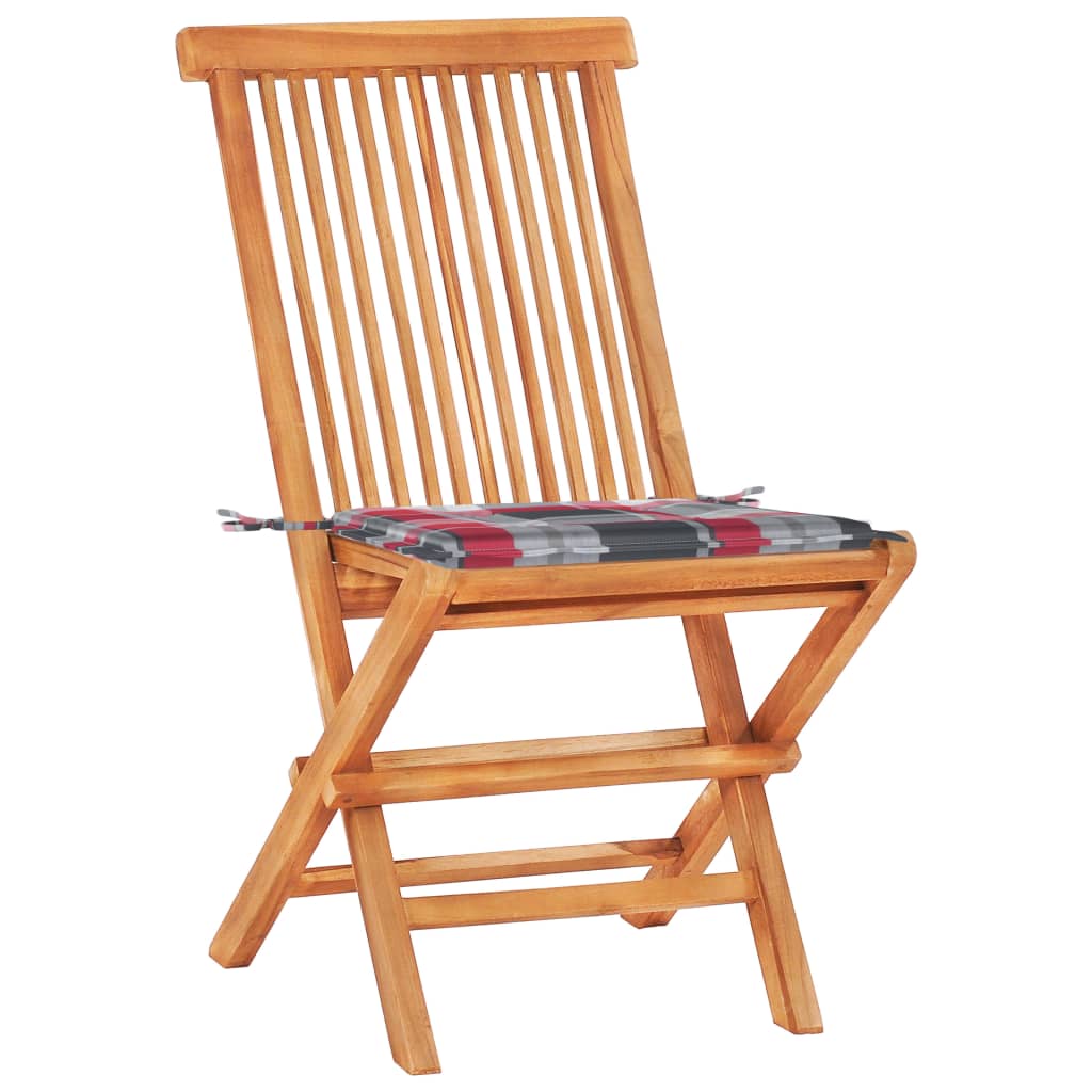3Dílný Bistro Set S Červenými Károvanými Poduškami Masivní Teak