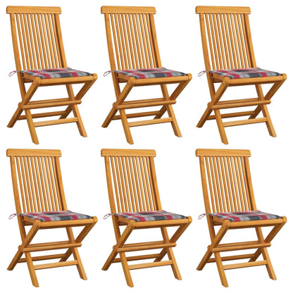 Zahradní Židle S Červeně Károvanými Poduškami 6 Ks Masivní Teak