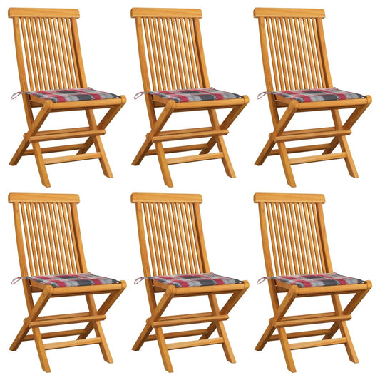 Zahradní Židle S Červeně Károvanými Poduškami 6 Ks Masivní Teak