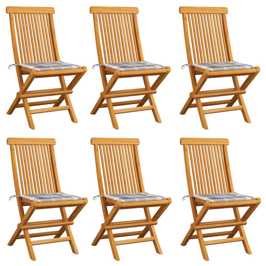 Zahradní Židle S Šedými Károvanými Poduškami 6 Ks Masivní Teak