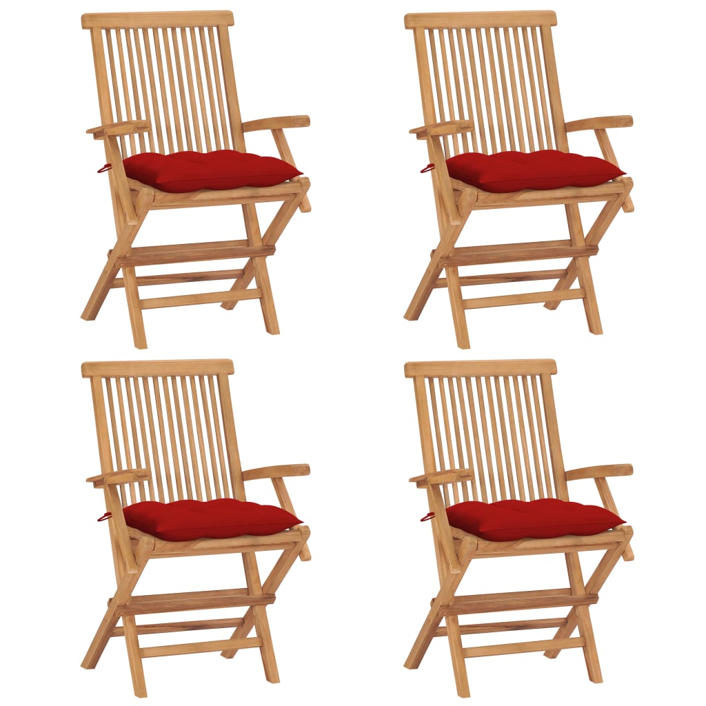 Zahradní Židle S Červenými Poduškami 4 Ks Masivní Teak
