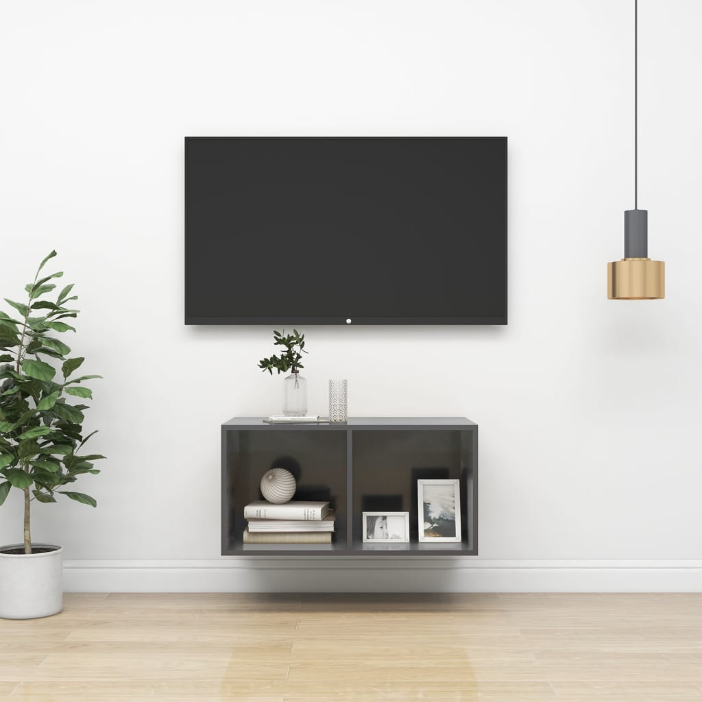 Nástěnná Tv Skříňka Šedá Vysoký Lesk 37X37X142,5 Cm Dřevotříska