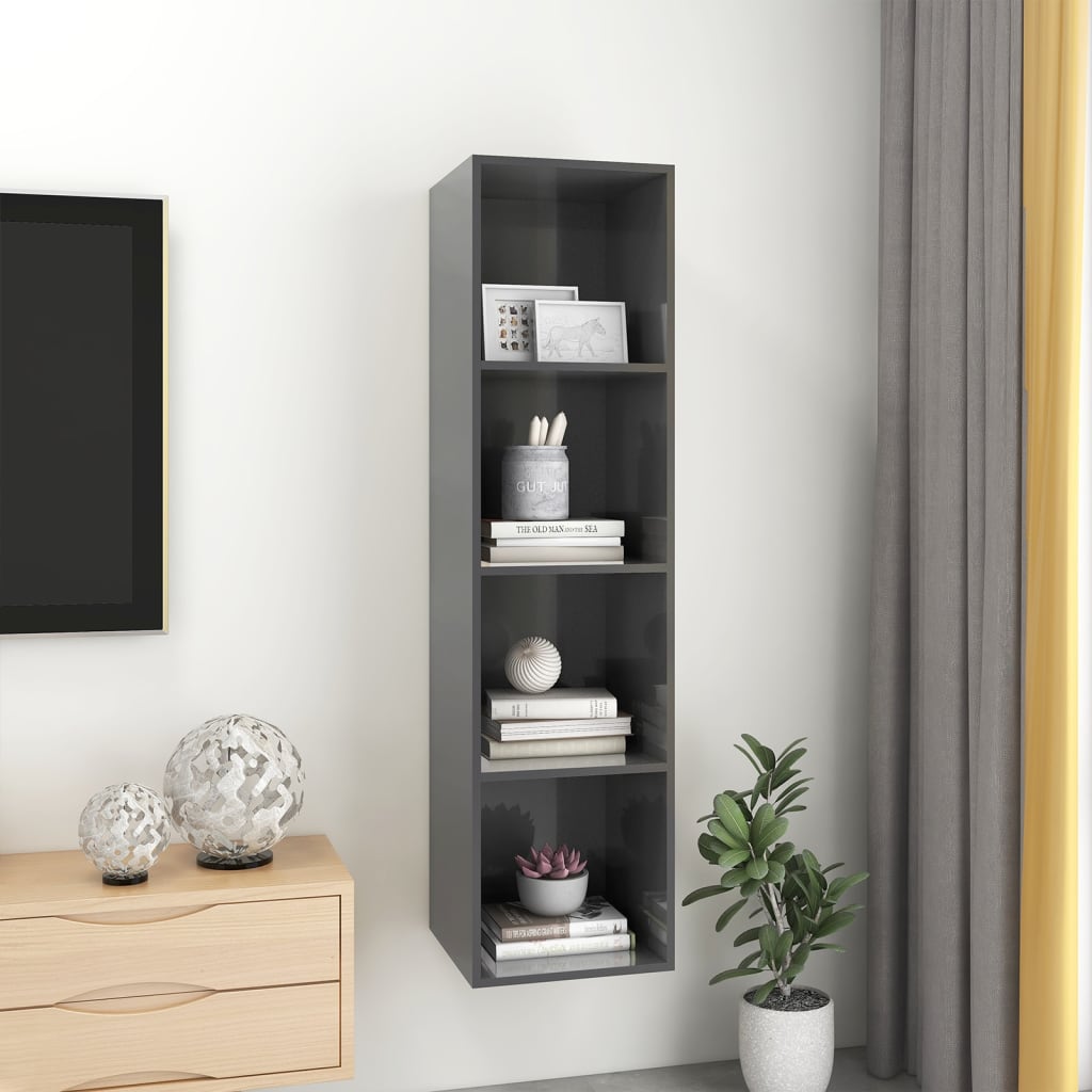 Nástěnná Tv Skříňka Šedá Vysoký Lesk 37X37X142,5 Cm Dřevotříska