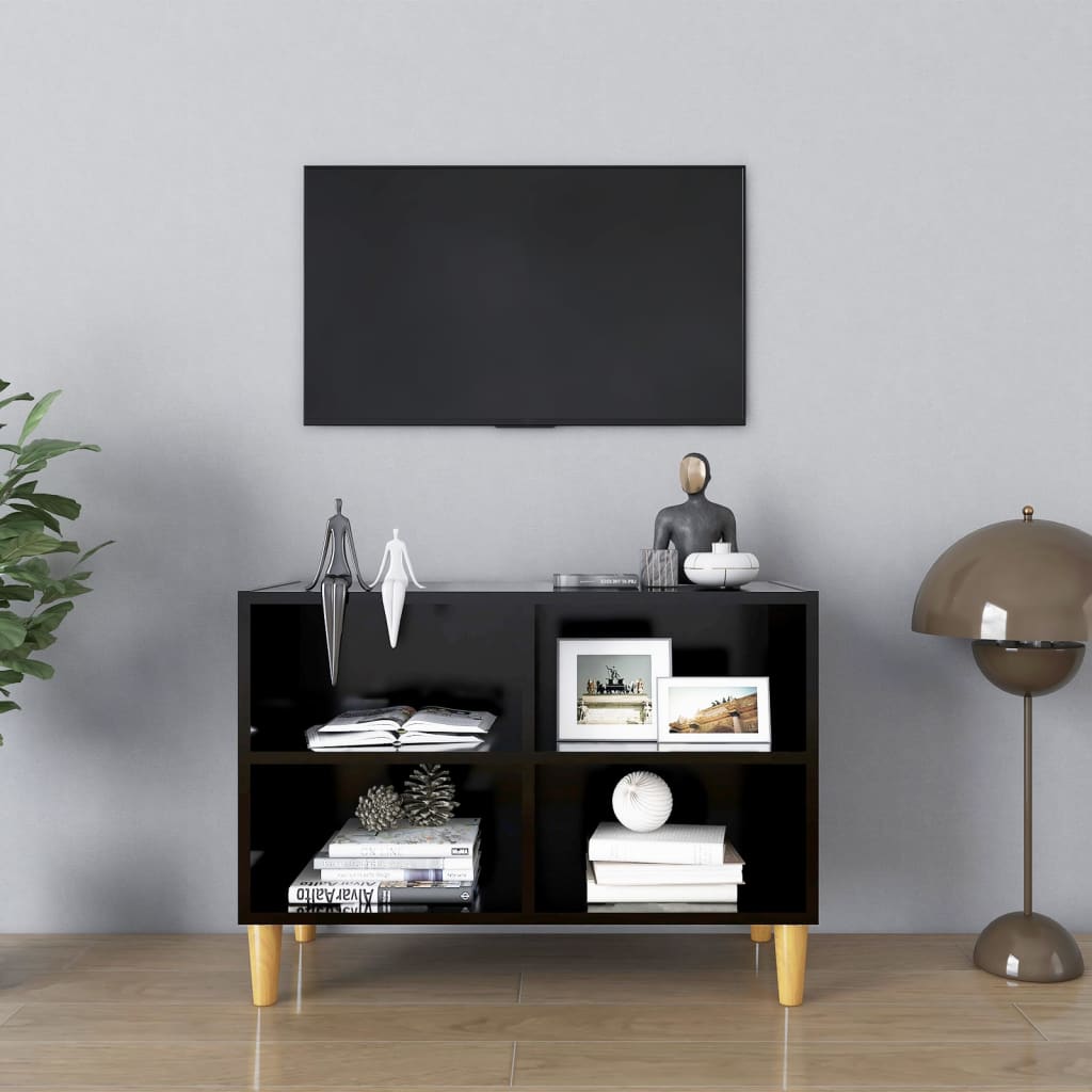 Tv Stolek Nohy Z Masivního Dřeva Šedý Vysoký Lesk 69,5X30X50 Cm