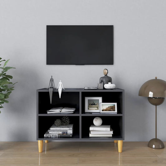 Tv Stolek Nohy Z Masivního Dřeva Šedý Vysoký Lesk 69,5X30X50 Cm