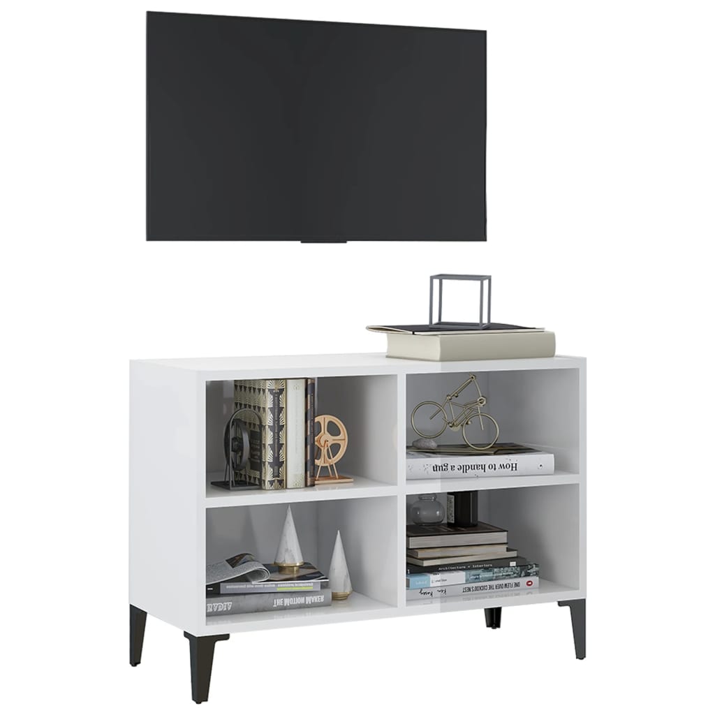 Tv Stolek S Kovovými Nohami Bílý Vysoký Lesk 69,5 X 30 X 50 Cm
