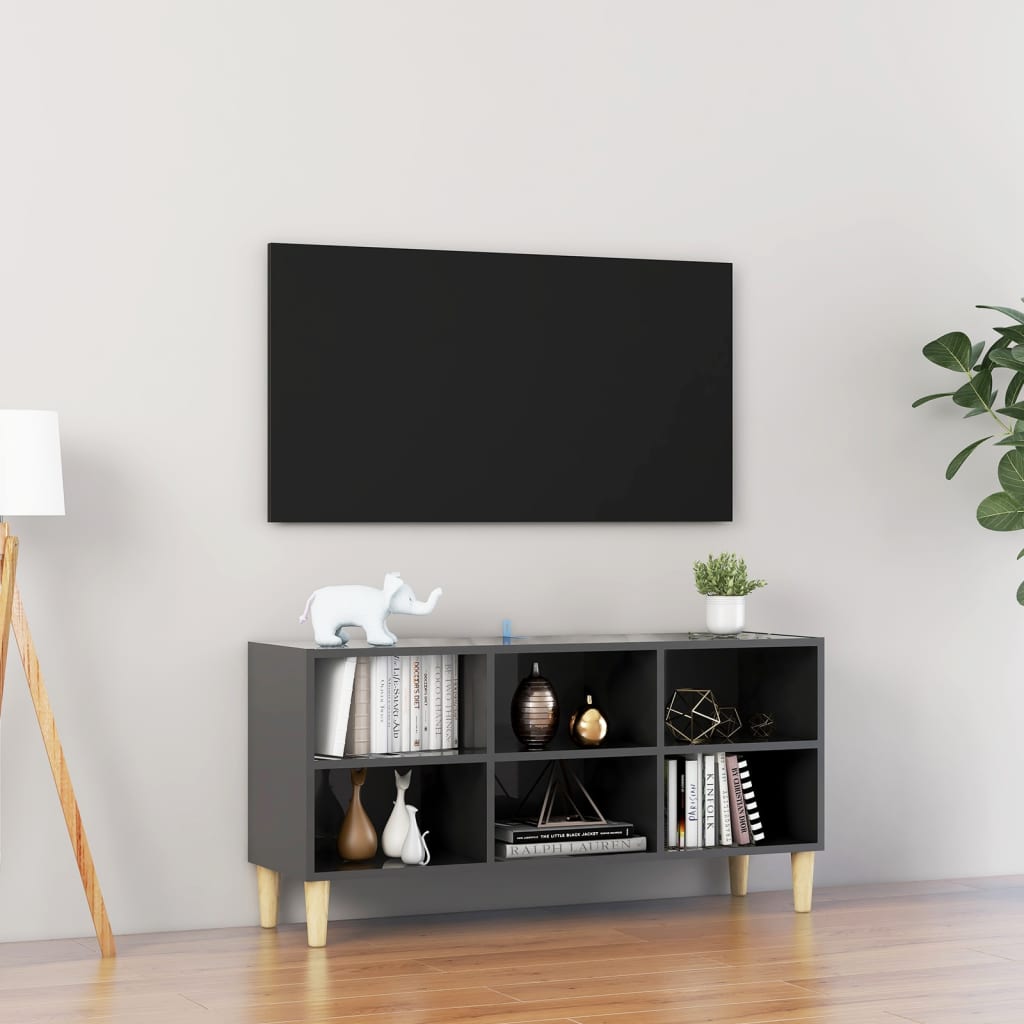 Tv Stolek Nohy Z Masivního Dřeva Šedý Vysoký Lesk 69,5X30X50 Cm