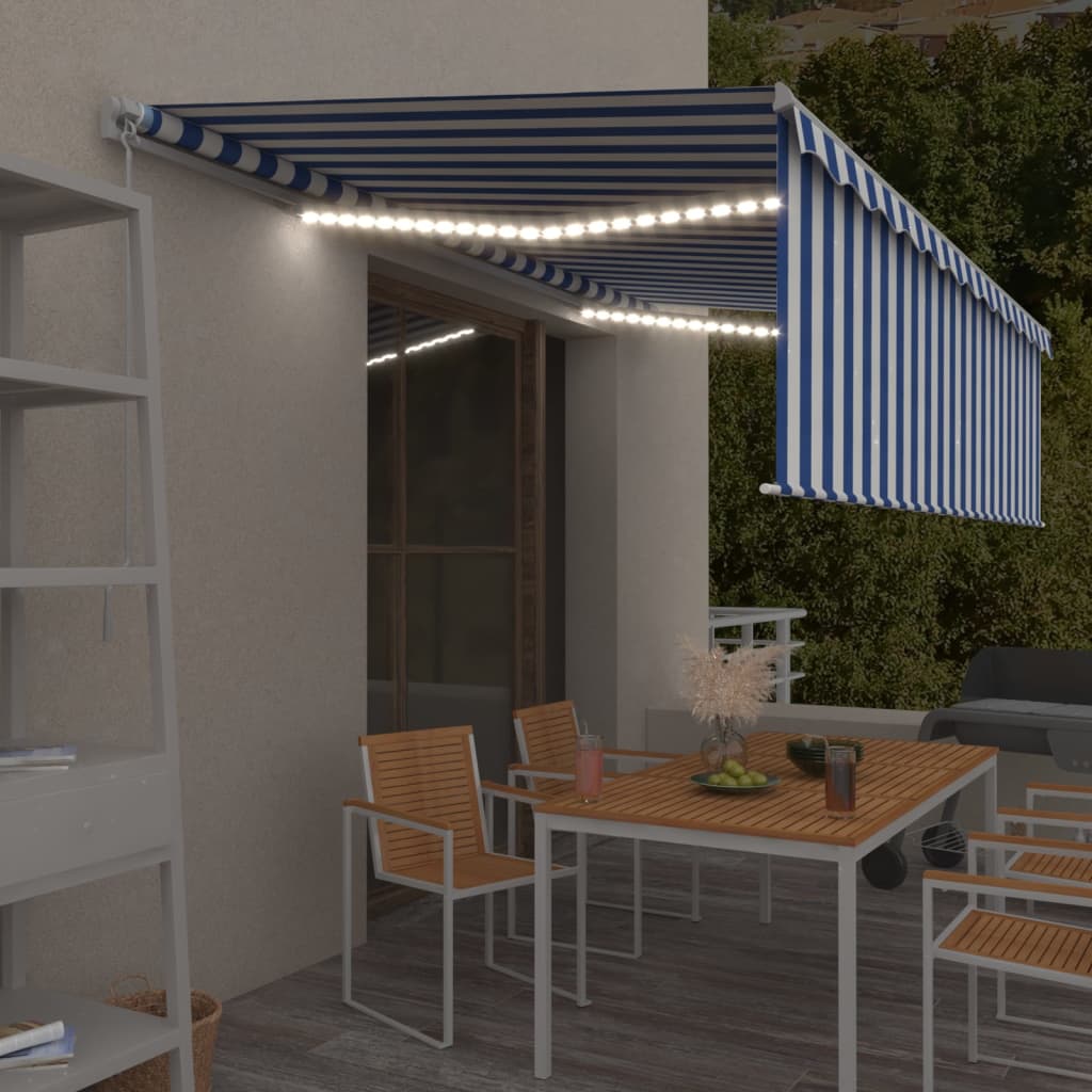 Ručně Zatahovací Markýza S Roletou A Led 4,5 X 3 M Modrobílá