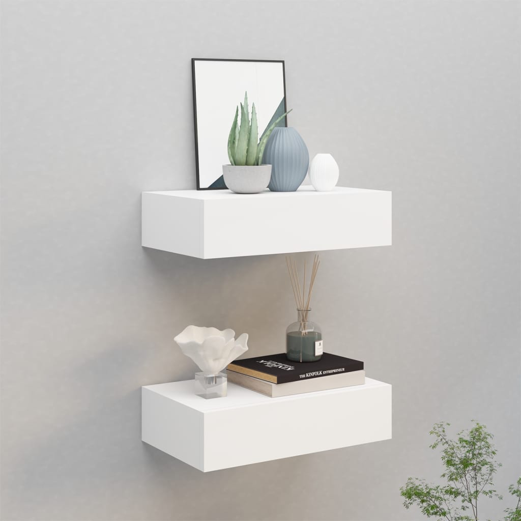 Nástěnné Police Se Zásuvkou 2 Ks Bílé 60 X 23,5 X 10 Cm Mdf Bílá