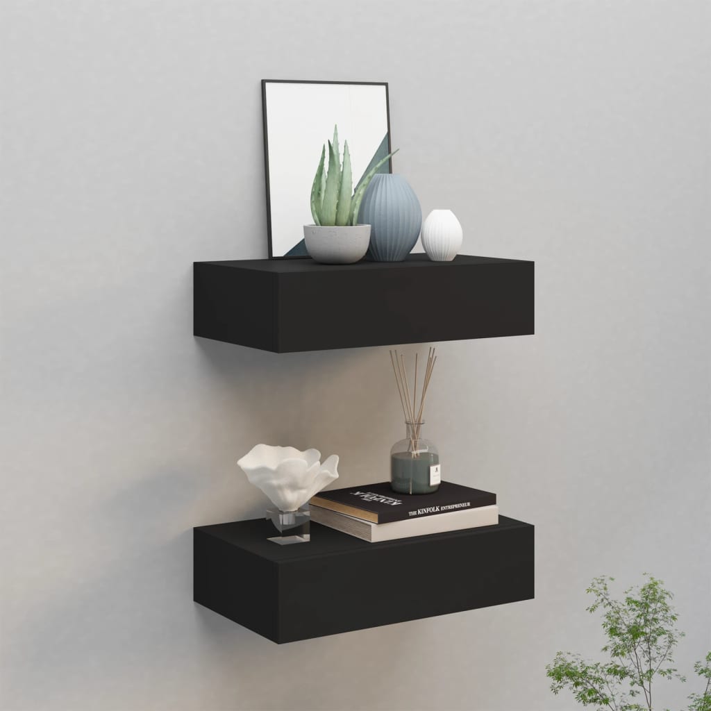 Nástěnné Police Se Zásuvkou 2 Ks Černé 60 X 23,5 X 10 Cm Mdf Černá