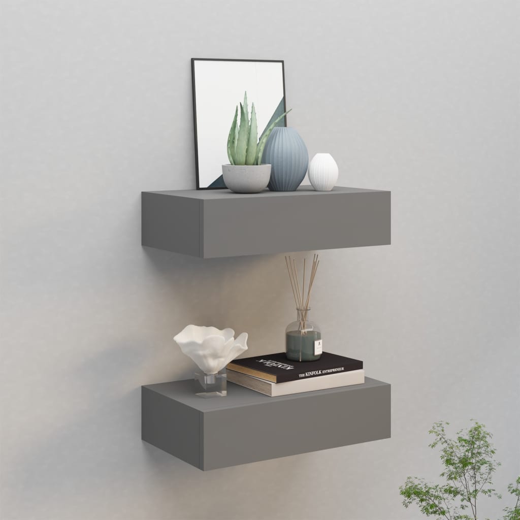 Nástěnné Police Se Zásuvkou 2 Ks Šedé 40 X 23,5 X 10 Cm Mdf Šedá