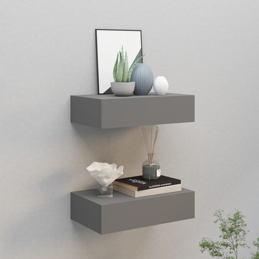 Nástěnné Police Se Zásuvkou 2 Ks Šedé 40 X 23,5 X 10 Cm Mdf Šedá