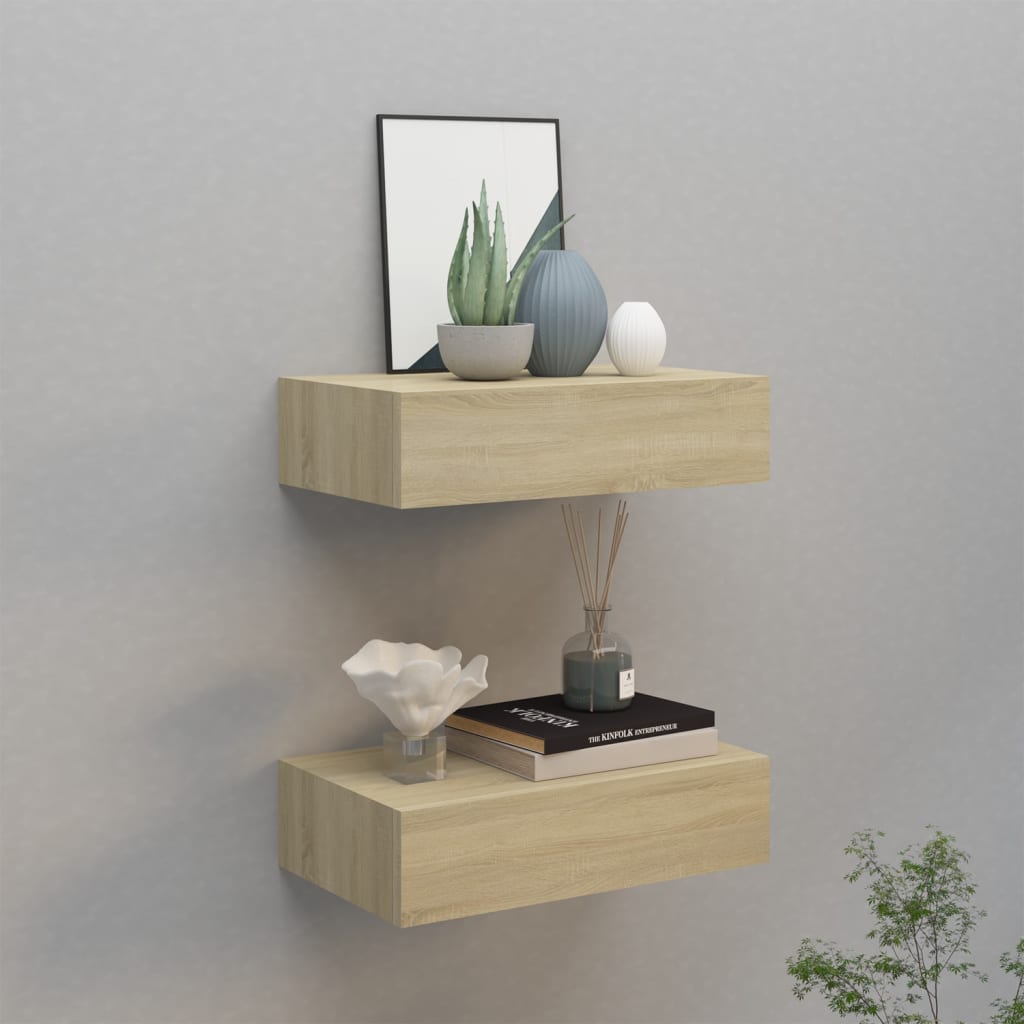 Nástěnné Police Se Zásuvkou 2 Ks 60 X 23,5 X 10 Cm Mdf Dub