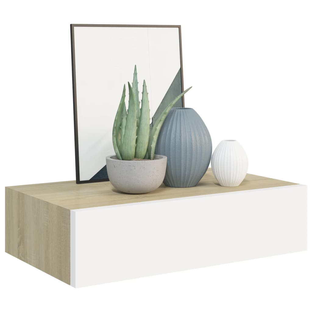 Nástěnná Police Se Zásuvkou 40 X 23,5 X 10 Cm Mdf Dub A Bílá
