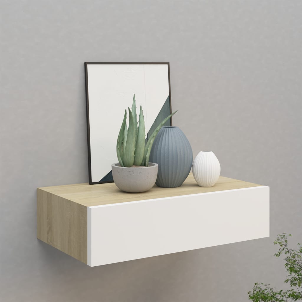 Nástěnná Police Se Zásuvkou 40 X 23,5 X 10 Cm Mdf Dub A Bílá