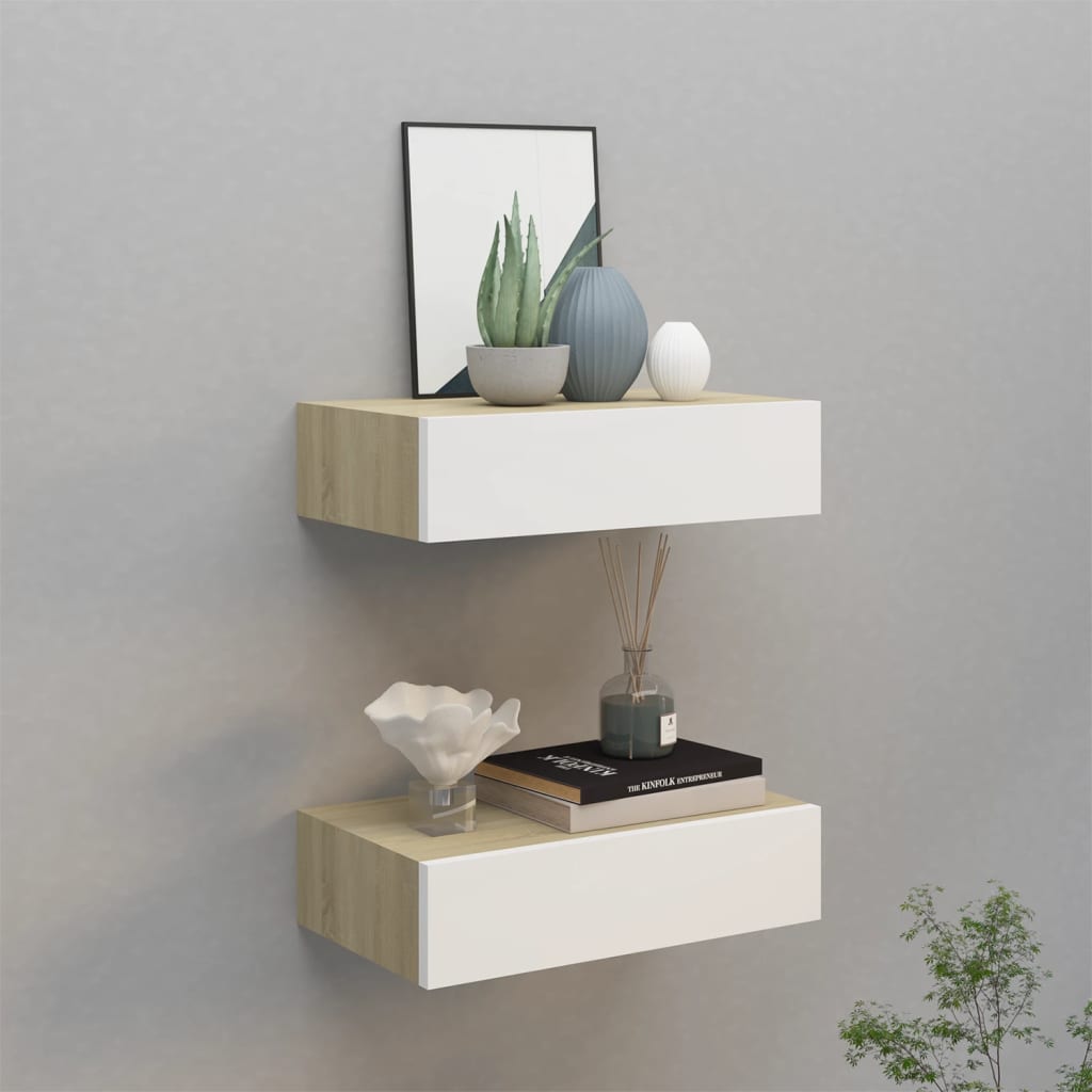 Nástěnné Police Se Zásuvkou 2 Ks Dub A Bílé 60X23,5X10 Cm Mdf Dub A Bílá