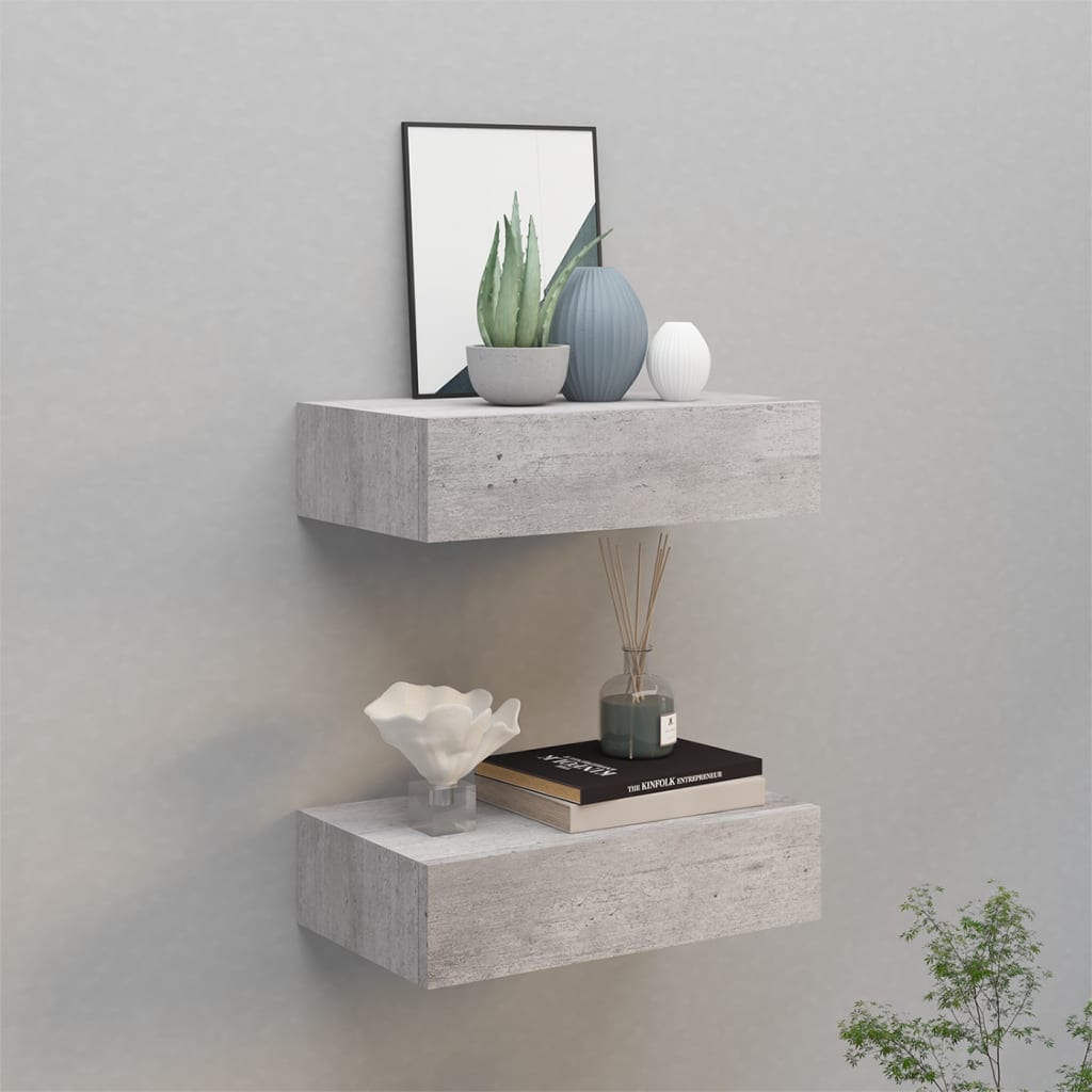Nástěnné Police Se Zásuvkou 2 Ks Betonově Šedé 60X23,5X10Cm Mdf Betonová Šedá