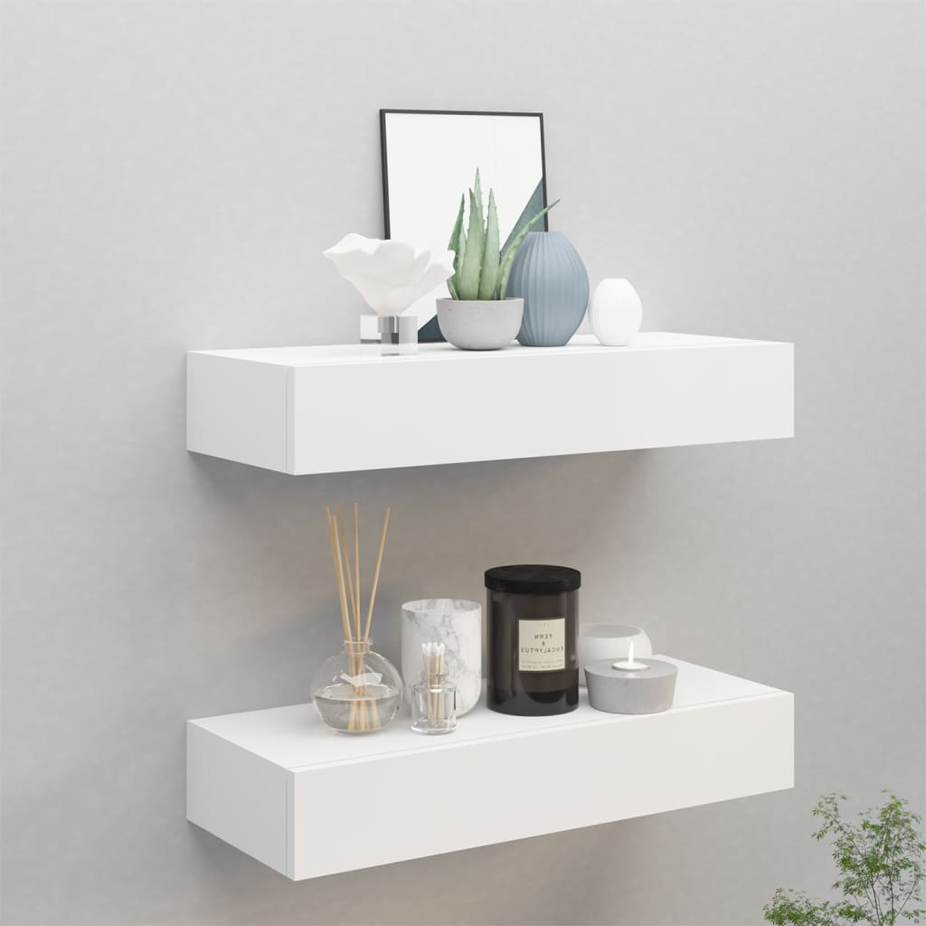 Nástěnné Police Se Zásuvkou 2 Ks Bílé 60 X 23,5 X 10 Cm Mdf Bílá