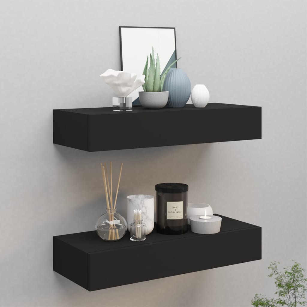 Nástěnné Police Se Zásuvkou 2 Ks Černé 60 X 23,5 X 10 Cm Mdf Černá