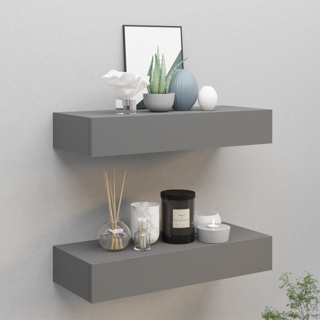 Nástěnné Police Se Zásuvkou 2 Ks Šedé 40 X 23,5 X 10 Cm Mdf Šedá