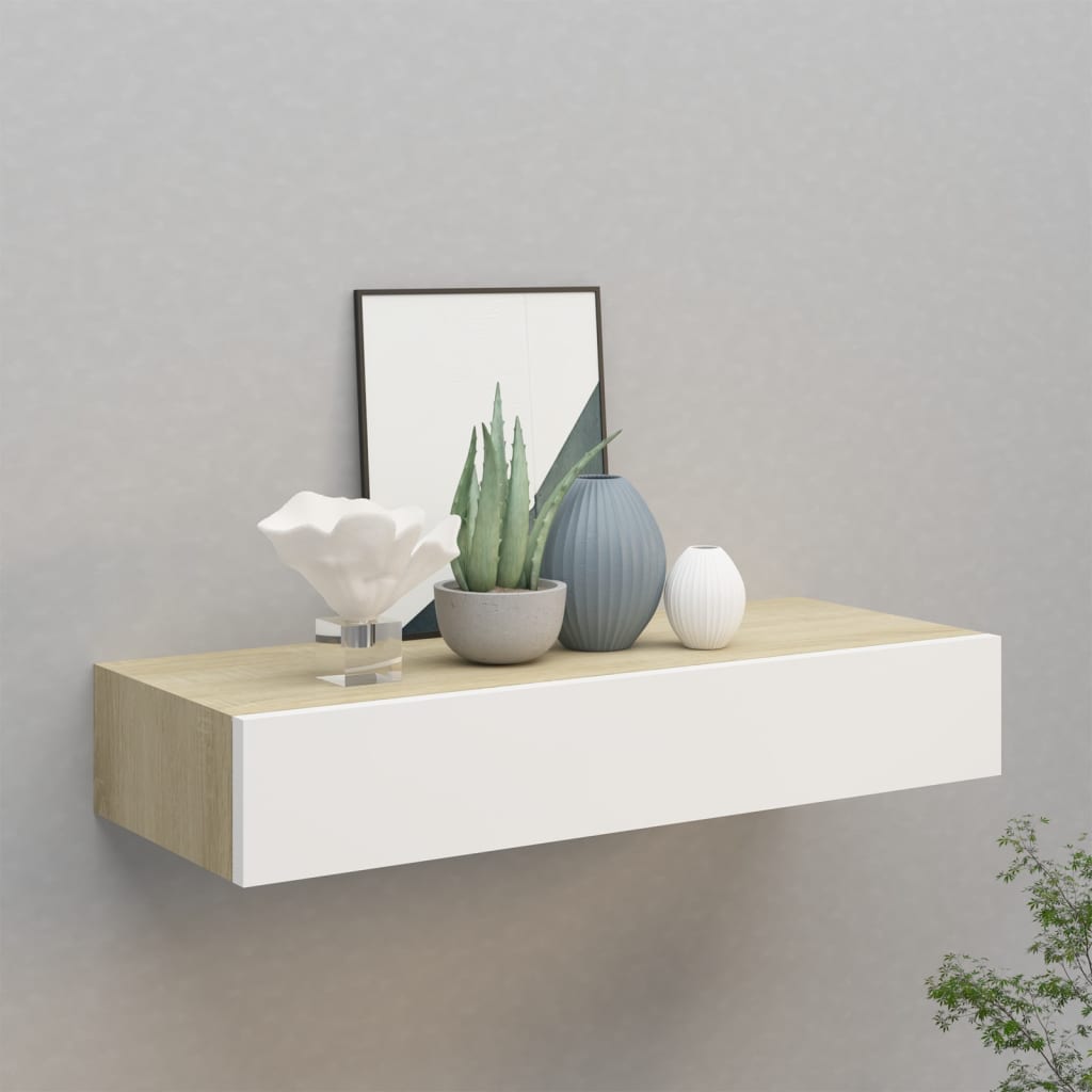 Nástěnná Police Se Zásuvkou 40 X 23,5 X 10 Cm Mdf Dub A Bílá