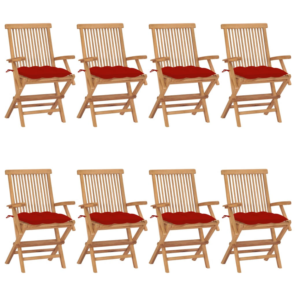 Zahradní Židle S Červenými Poduškami 8 Ks Masivní Teak