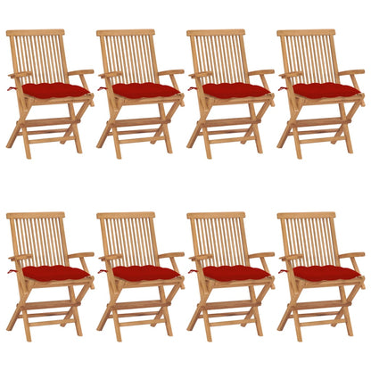 Zahradní Židle S Červenými Poduškami 8 Ks Masivní Teak