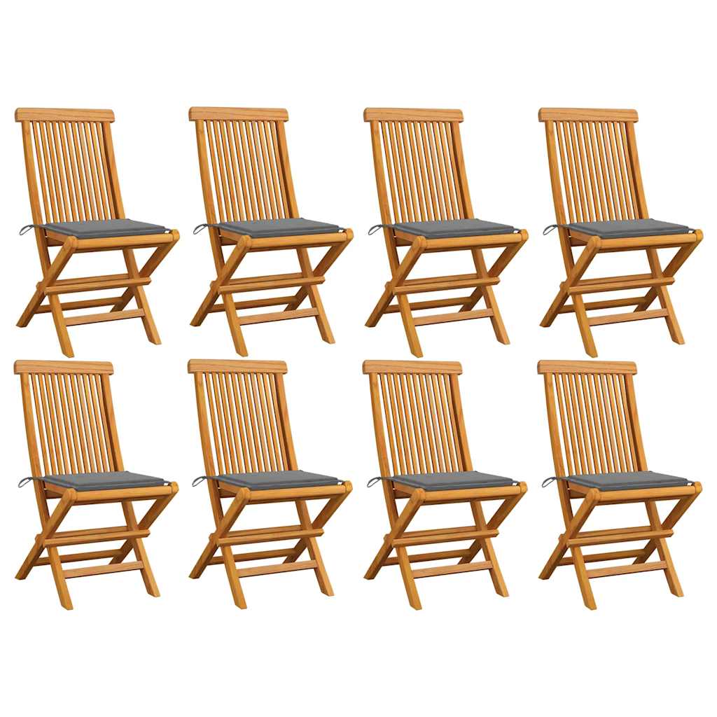 Zahradní Židle S Šedými Poduškami 8 Ks Masivní Teak