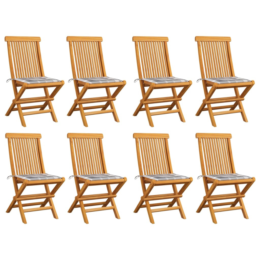 Zahradní Židle Se Šedými Károvanými Poduškami 8 Ks Masivní Teak