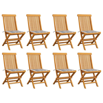 Zahradní Židle Se Šedými Károvanými Poduškami 8 Ks Masivní Teak