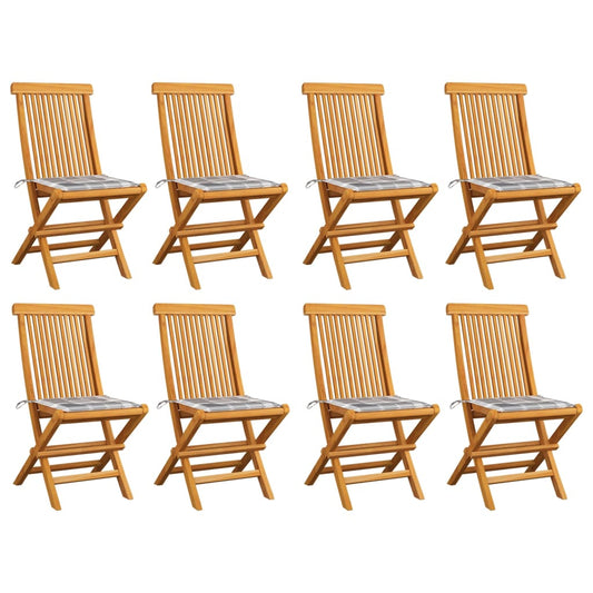 Zahradní Židle Se Šedými Károvanými Poduškami 8 Ks Masivní Teak